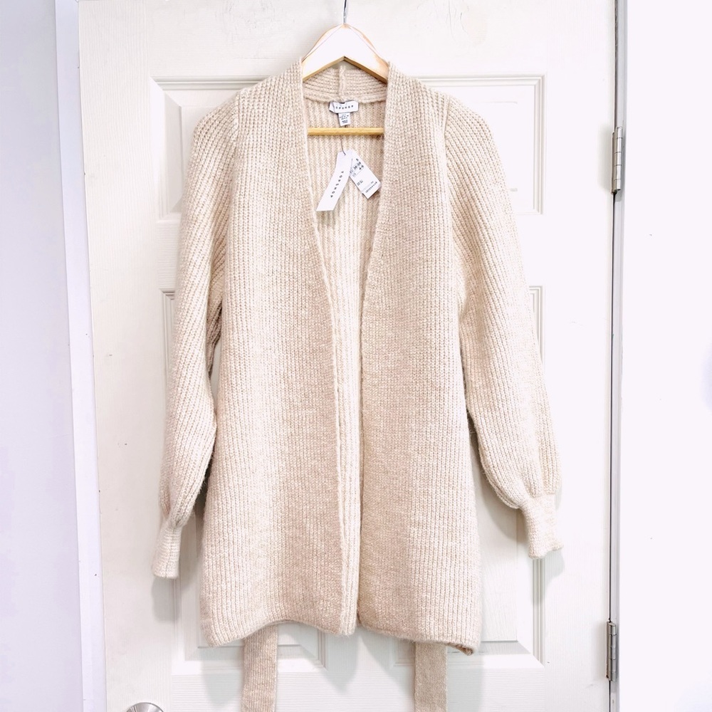 NWT TopShop Knit Long Open Front Cardigan with Tie Waist